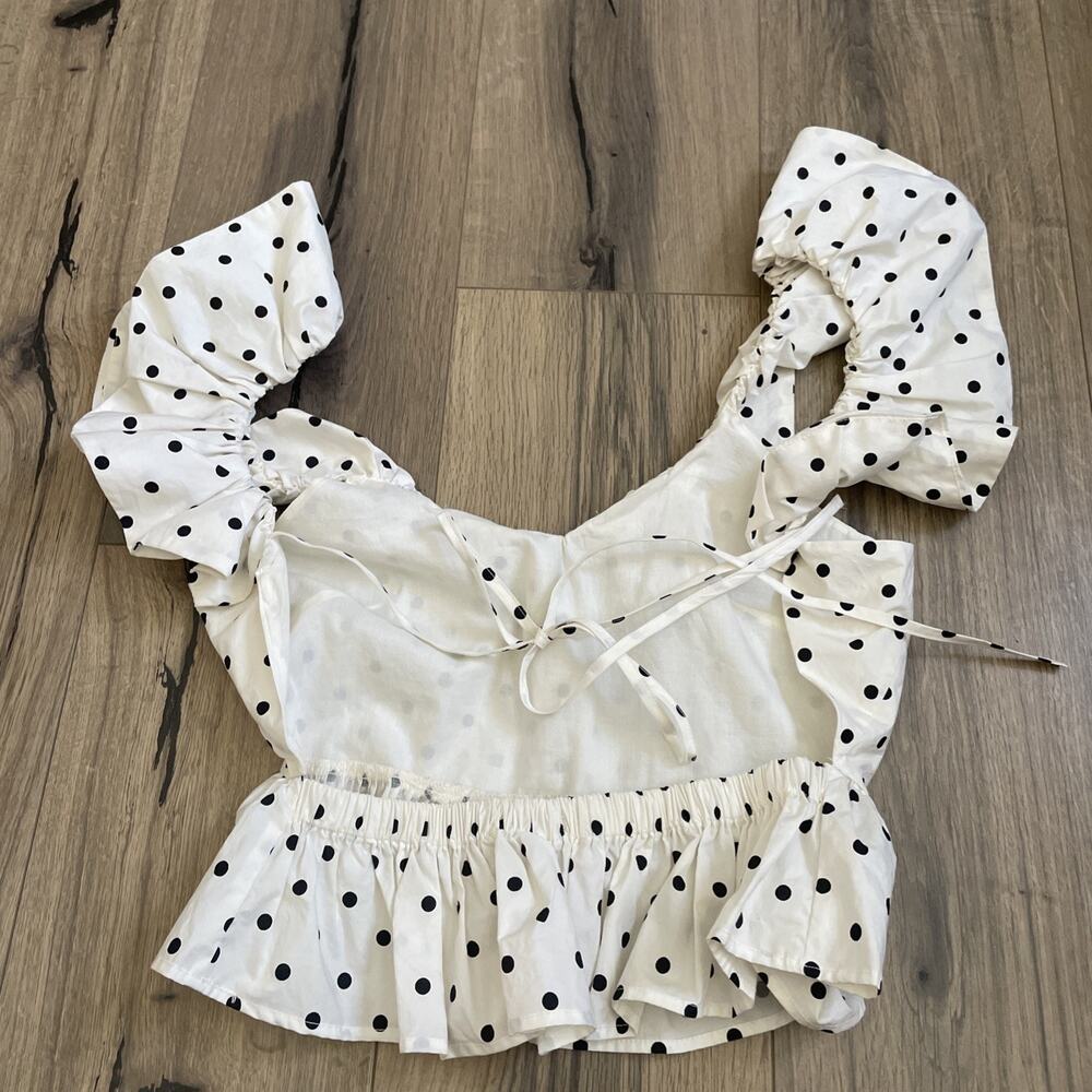 H&M Shirt Womens Small White Blouse Crop Top Puff Short Sleeve Polka Dot Ladies - Picture 9 of 9